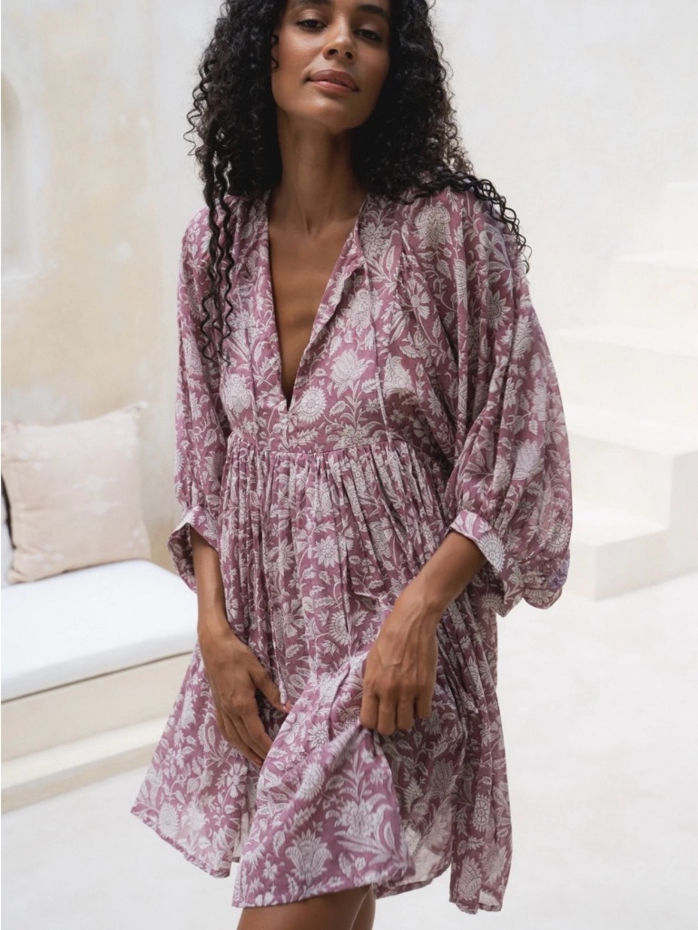 Daughters of India Mauve Floral V-Neck Babydoll Dress